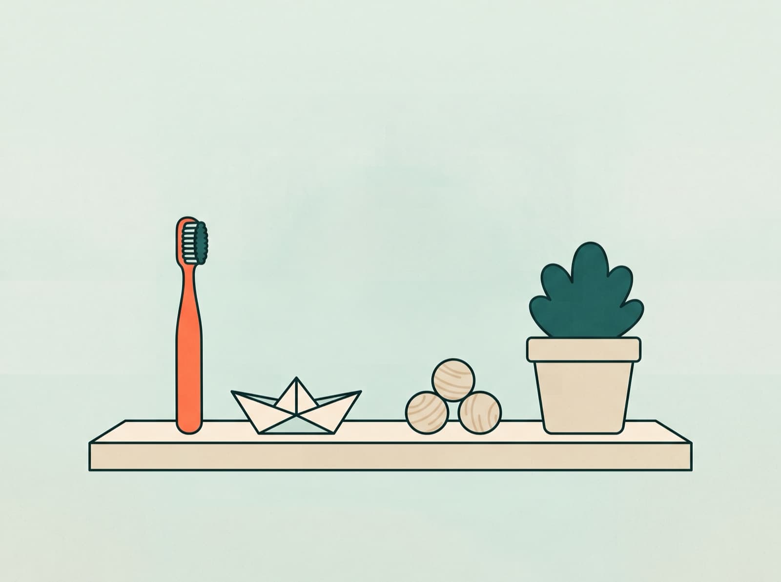 Ilustração: escova de dentes infantil, barquinho de papel e uma planta numa prateleira.
