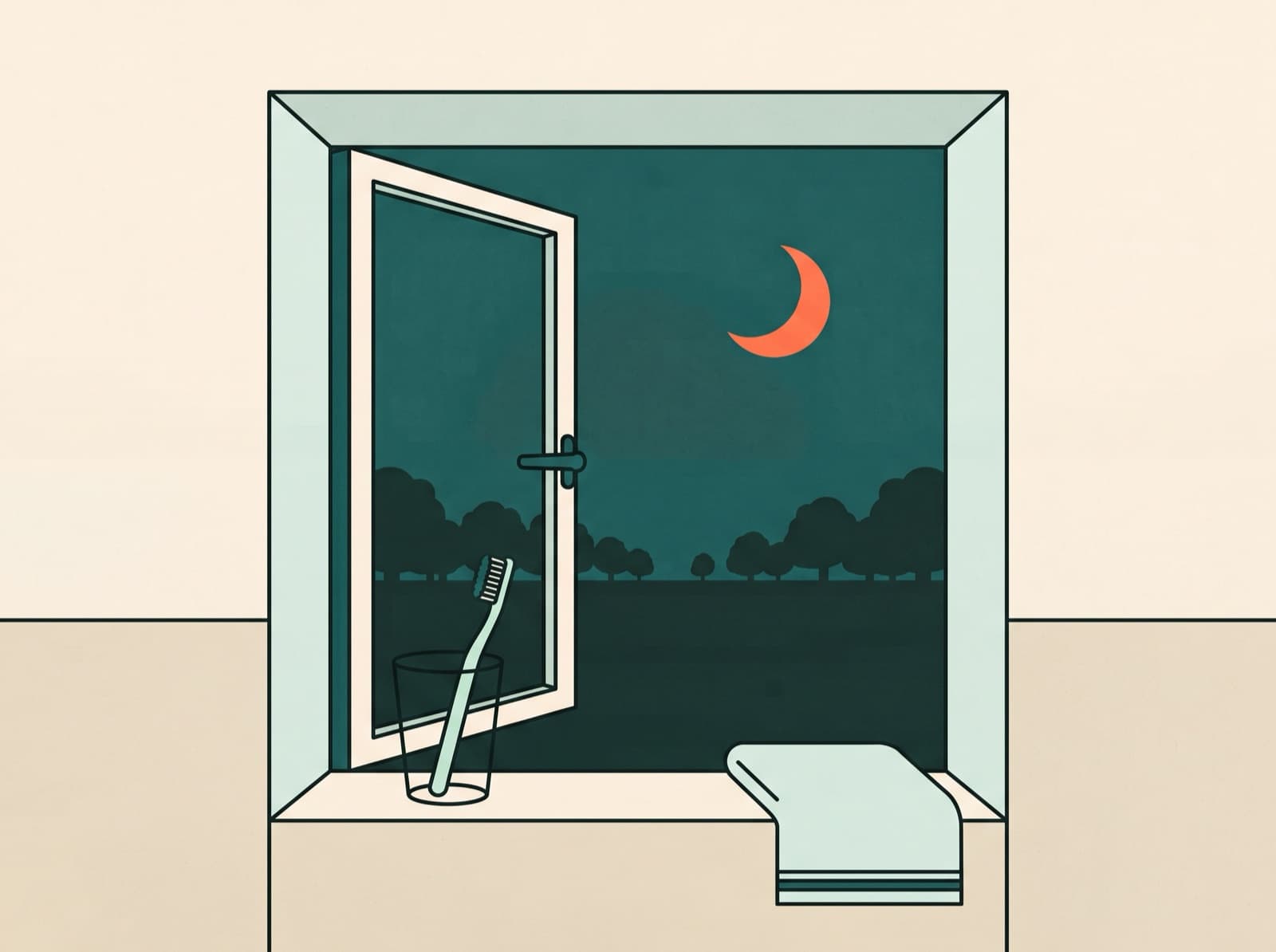 Ilustração: janela aberta à noite, com uma escova de dentes no parapeito e a lua no céu.